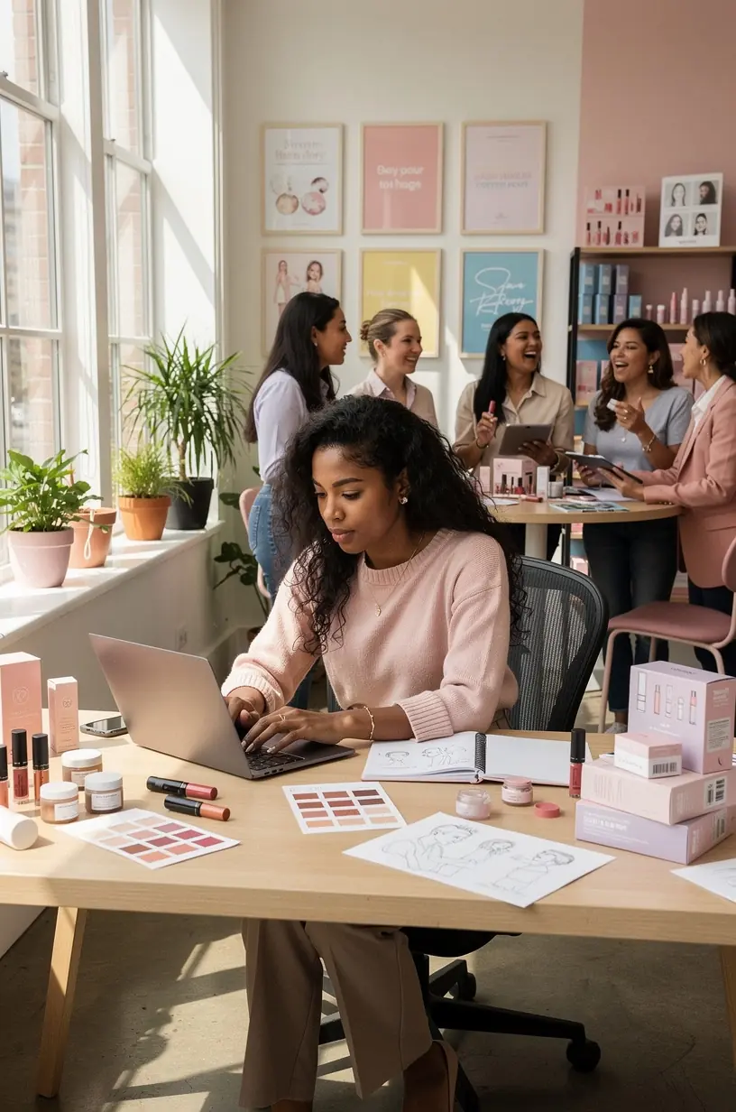 Przestrzeń coworkingowa dla specjalistów branży kosmetycznej z miejscami do pracy i relaksu.