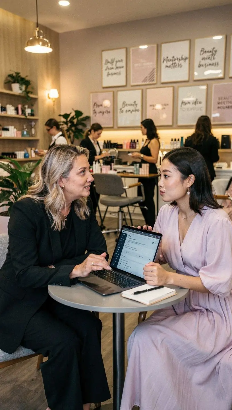 Konsultacja biznesowa dotycząca strategii rozwoju studia piękności prowadzona przez doświadczonego mentora.